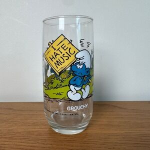 Vintage 1982 Smurfs Grouchy I Hate Music Glass Peyo Wallace Berrie